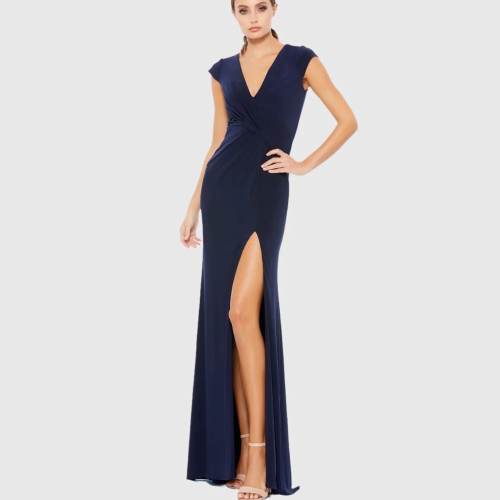 NWT MAC DUGGAI 26504 NAV V-NECK RUCHED JERSEY GOWN
